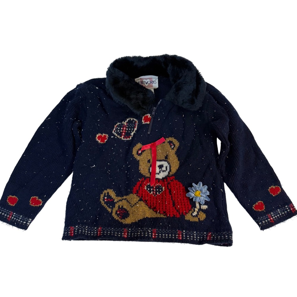 Vintage 90s Heartworks Velvet Collar Teddy Bear Knit Sweater Girls 3t bow